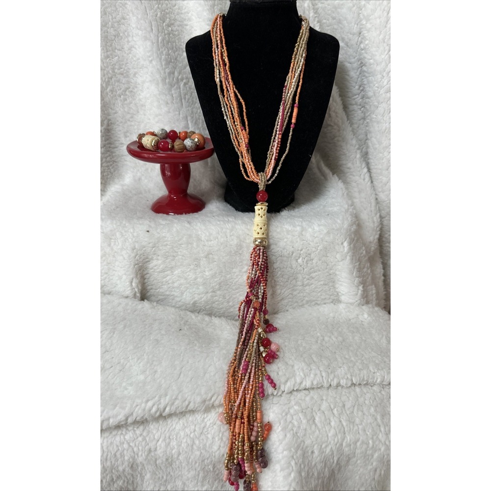 Chicos Y-Glass Beaded Multi Strand Boho Pink And Orange Necklace & Bracelet Set